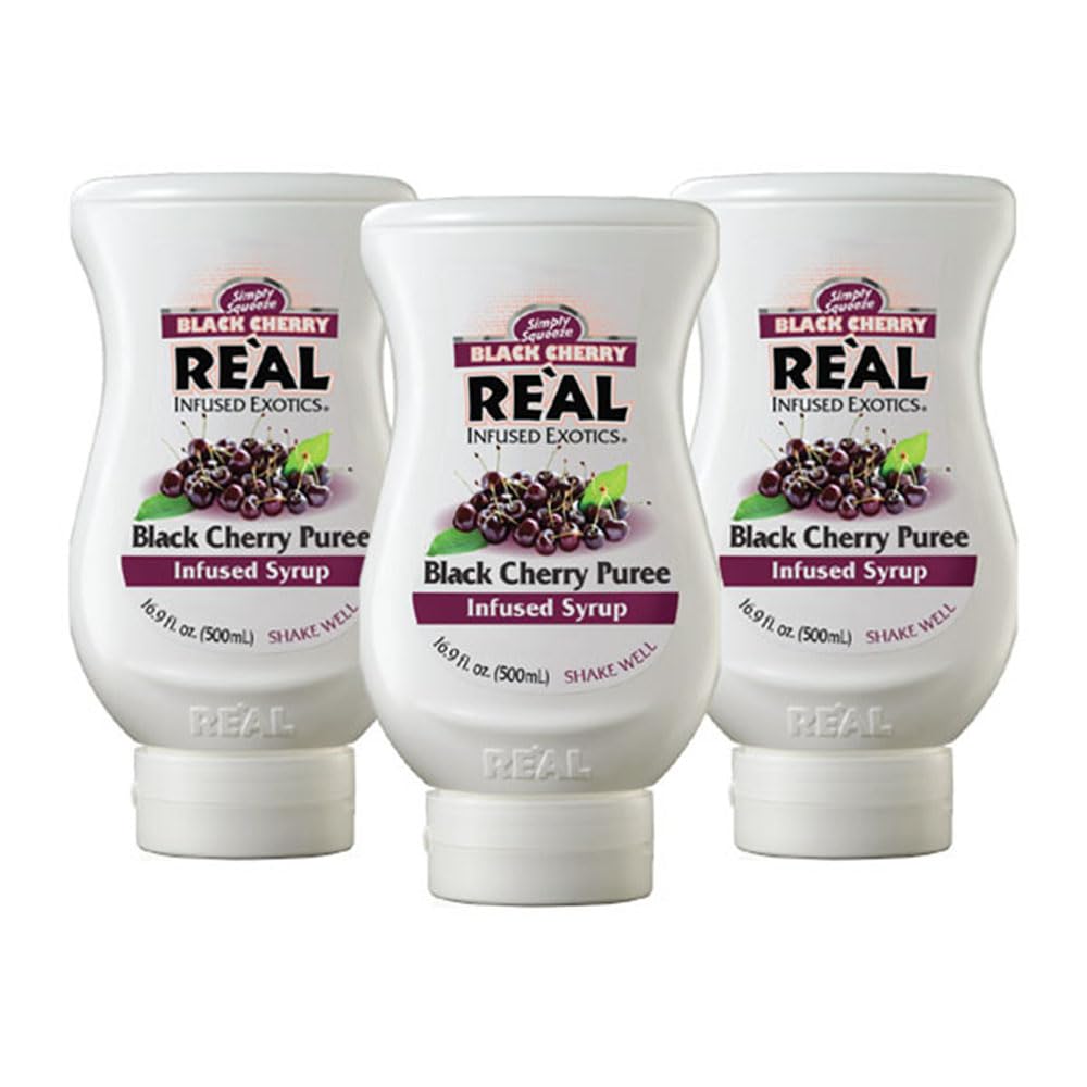 Reàl Infused Exotics black cherry puree syrup bottle front highlights versatile flavor for beverages.