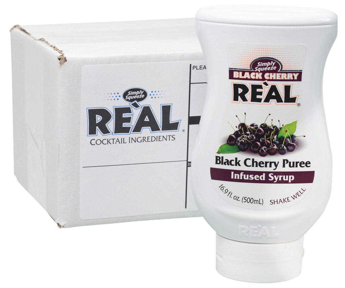 Reàl Infused Exotics Black Cherry syrup bottle front, ideal for cocktails.