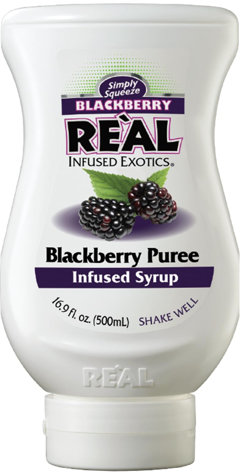 Reàl Blackberry Puree Infused Syrup bottle with real Marion blackberries for cocktails and desserts