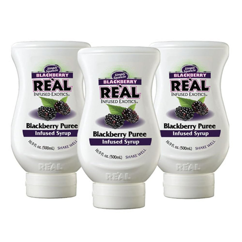 Reàl Infused Exotics blackberry puree syrup bottle for rich cocktails and desserts.