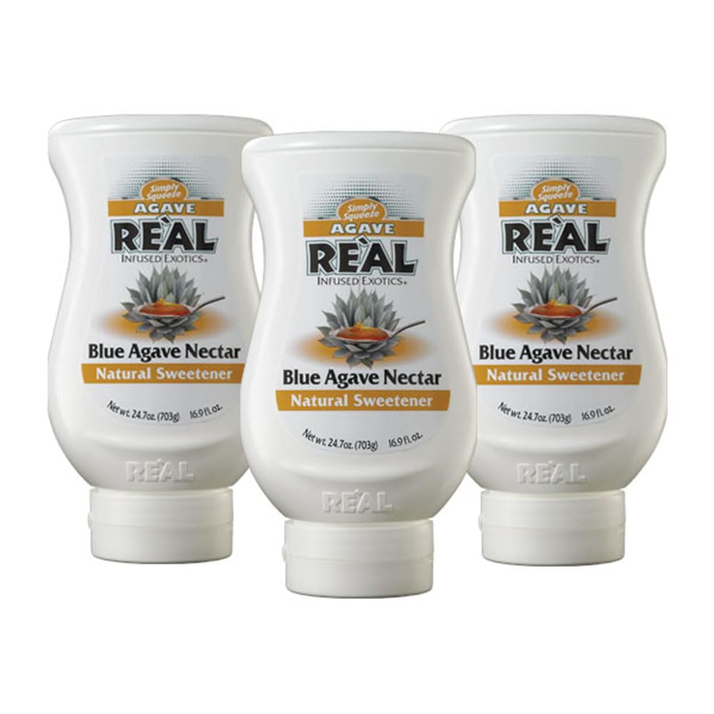 Real Infused Exotics blue agave nectar 3-pack front view, ideal for mixers.