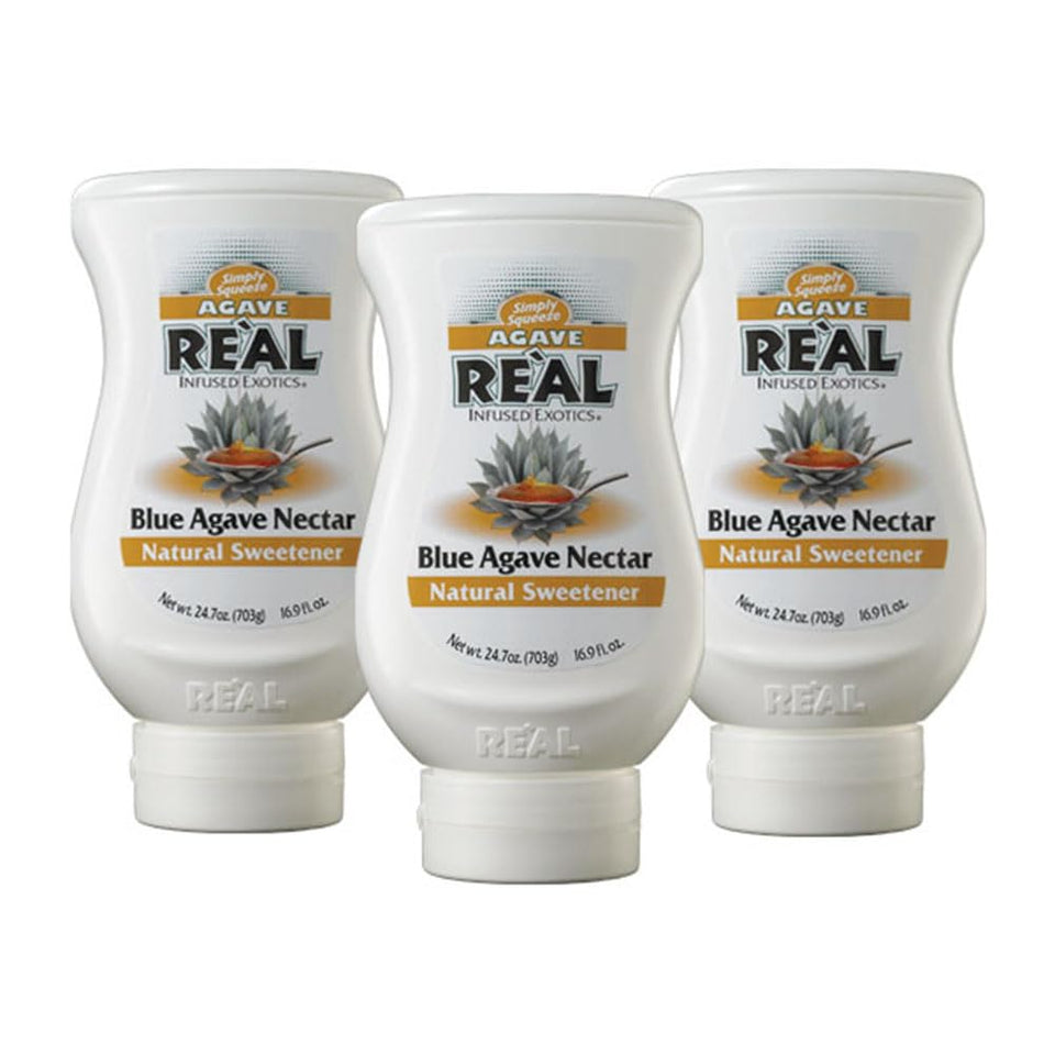 Real Infused Exotics blue agave nectar 3-pack front view, ideal for mixers.