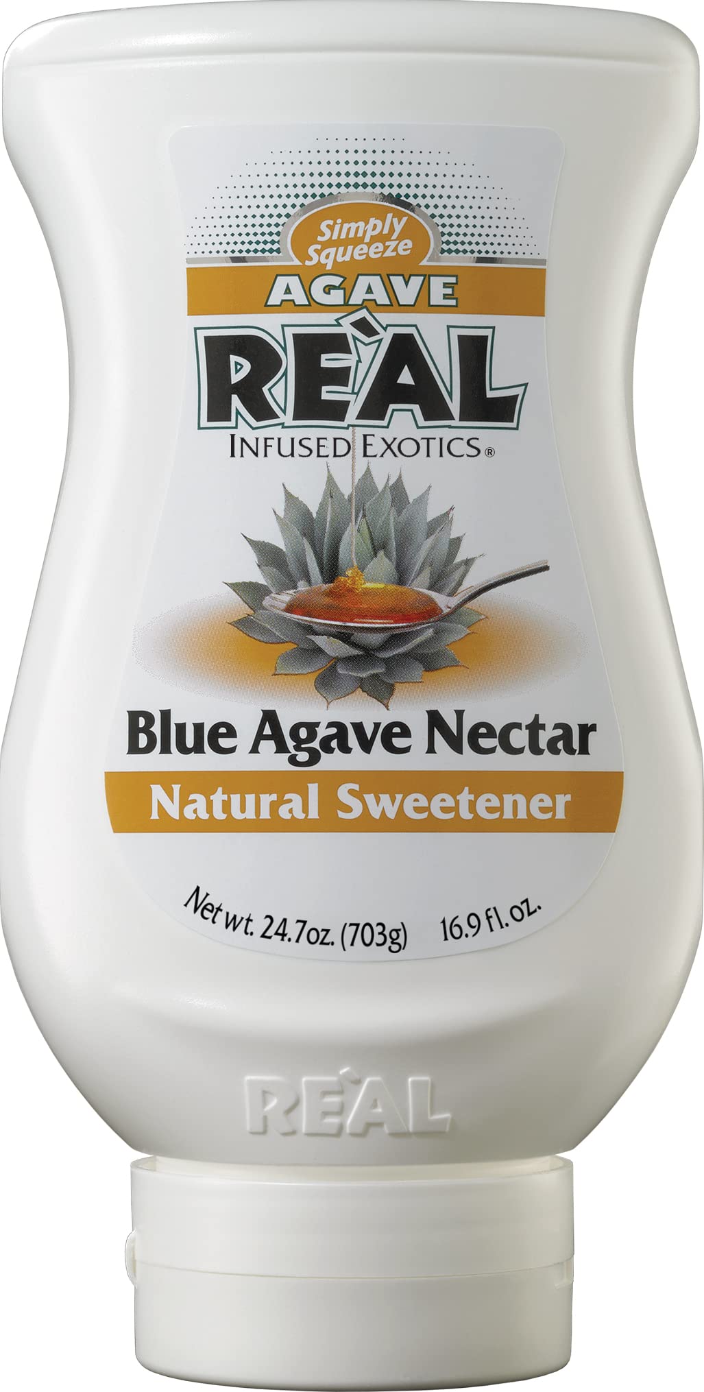 Real Infused Exotics blue agave nectar spout close-up, drizzle-friendly.