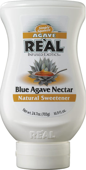 Real Infused Exotics blue agave nectar spout close-up, drizzle-friendly.