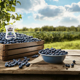 Reàl Infused Exotics blueberry puree syrup being poured into a glass