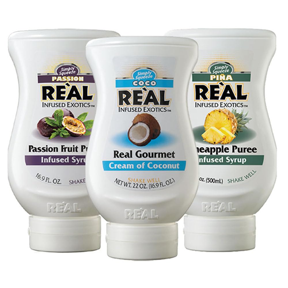 Reàl Infused Exotics Cream of Coconut bottle for tropical drinks and creamy desserts.