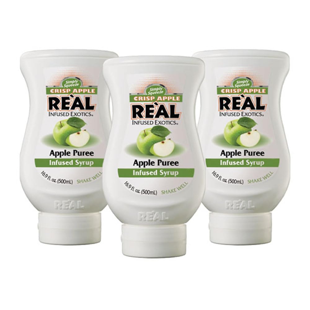 Reàl Infused Exotics Crisp Apple Syrup pack shot showing three squeezable bottles for versatile uses
