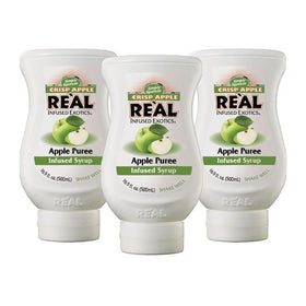 Reàl Infused Exotics Crisp Apple Syrup pack shot showing three squeezable bottles for versatile uses