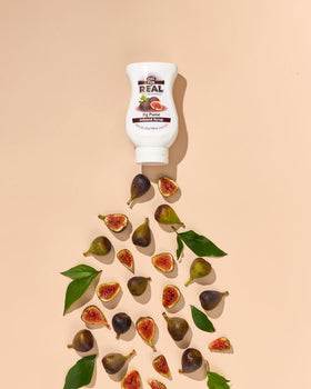 Reàl Infused Exotics Fig Syrup bottle closeup suggests easy topping and glazing.