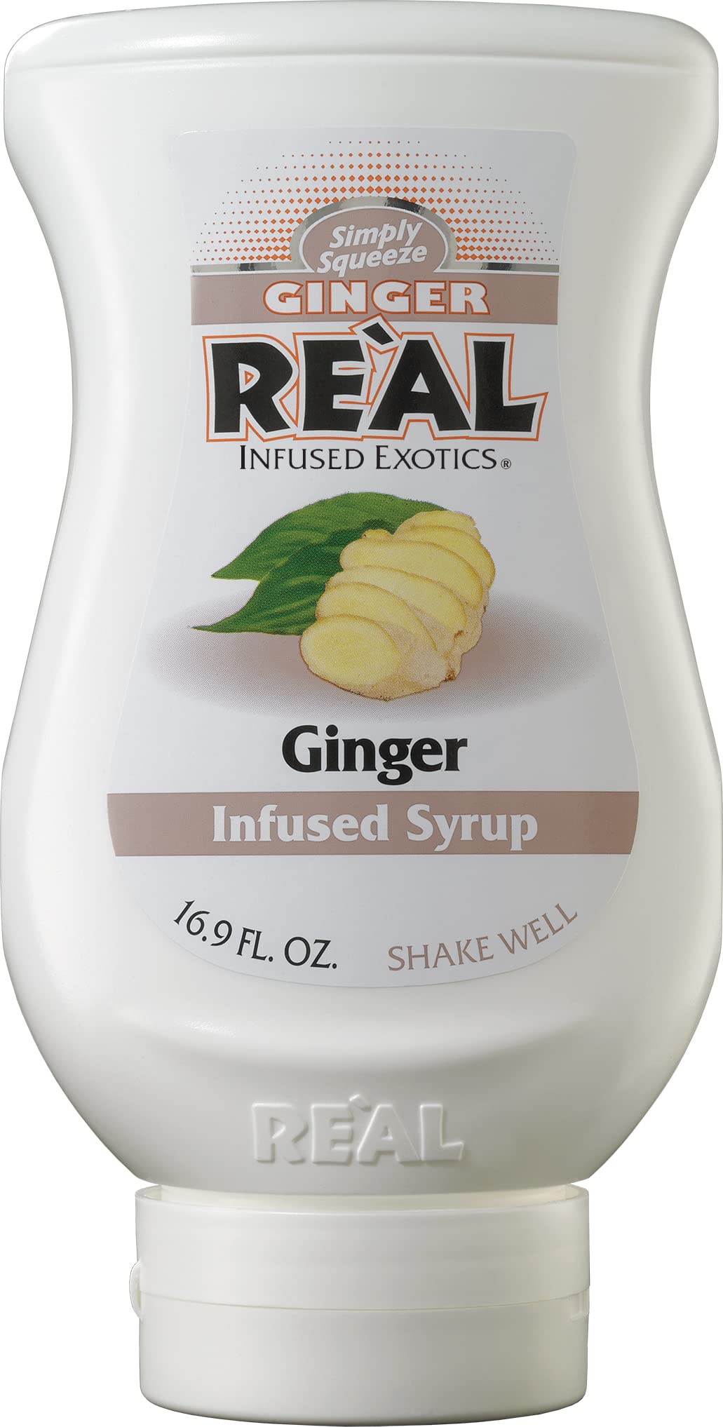 Reàl Infused Exotics Ginger Syrup squeezable bottle for quick, mess-free mixing.