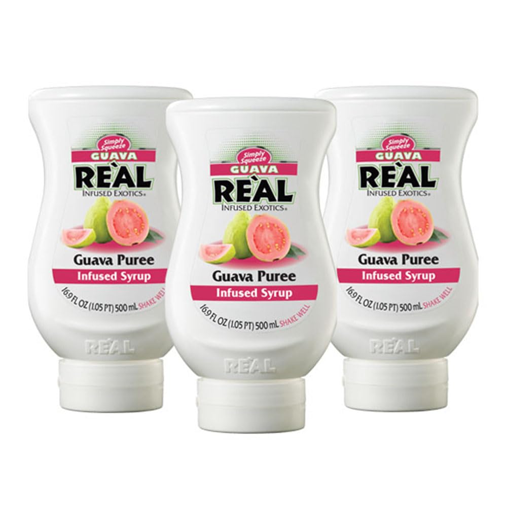 Reàl Infused Exotics guava puree syrup bottle showcases tropical flavor