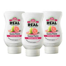 Reàl Infused Exotics guava puree syrup bottle showcases tropical flavor