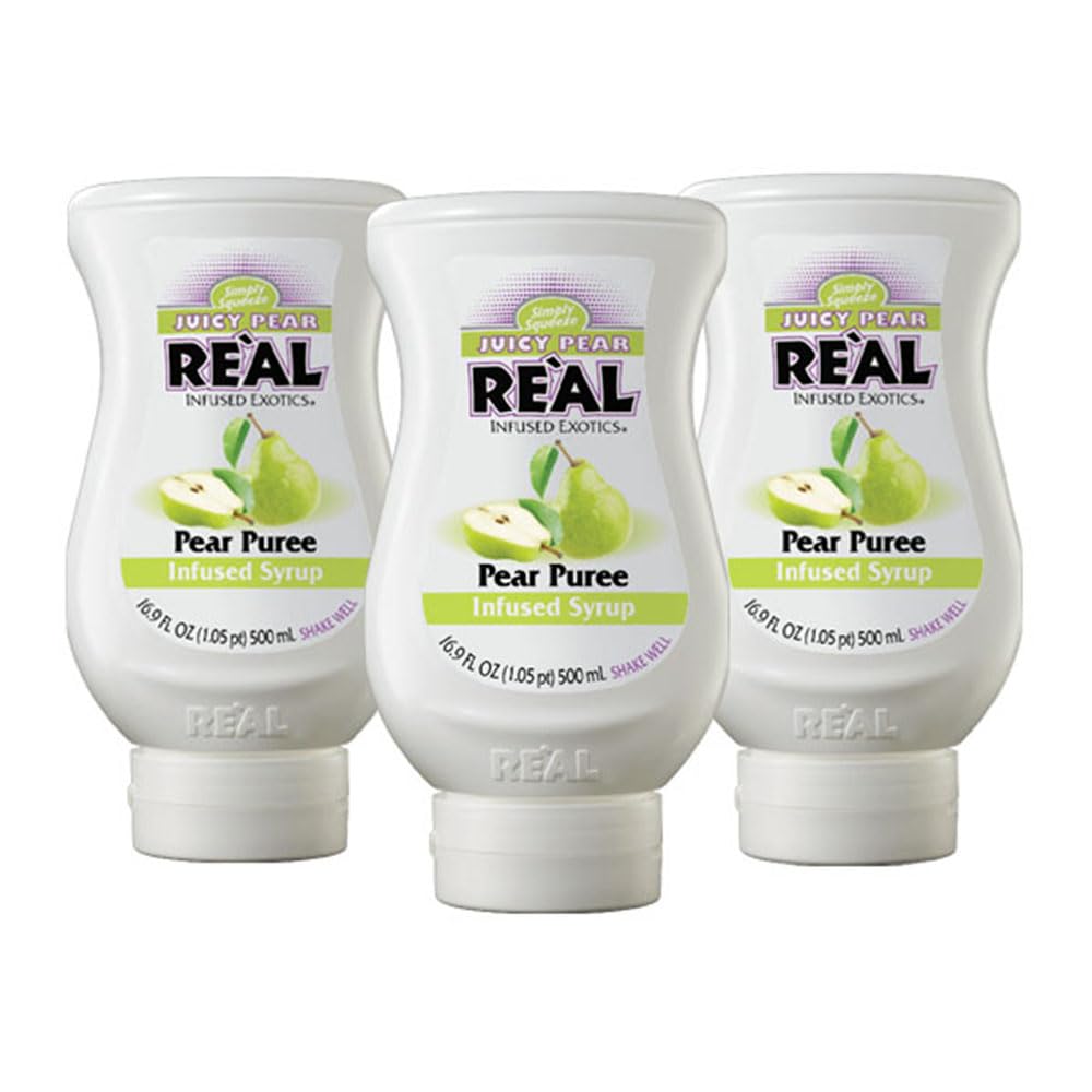 Reàl Infused Exotics Juicy Pear Puree Syrup bottle front showing pear flavor for drinks