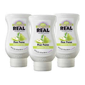 Reàl Infused Exotics Juicy Pear Puree Syrup bottle front showing pear flavor for drinks