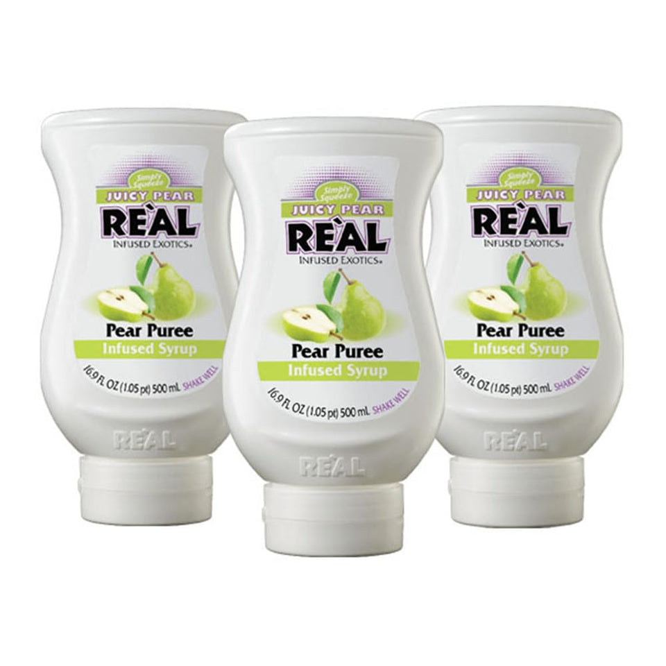 Reàl Infused Exotics Juicy Pear Puree Syrup bottle front showing pear flavor for drinks