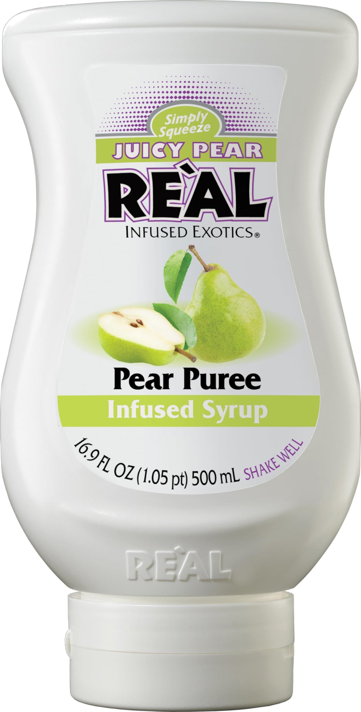 Reàl Infused Exotics Juicy Pear syrup bottle for versatile flavoring in drinks.