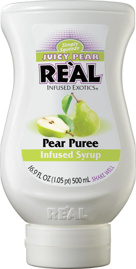 Reàl Infused Exotics Juicy Pear syrup bottle for versatile flavoring in drinks.