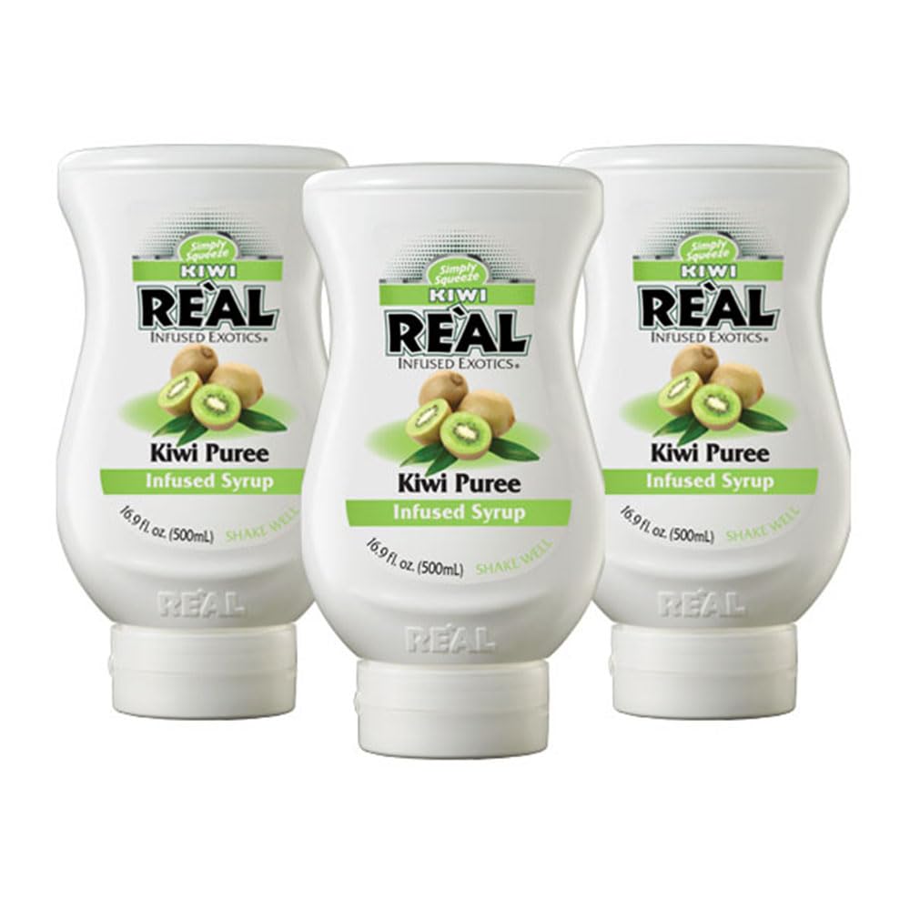 Real Infused Exotics Kiwi puree syrup bottle front highlights premium kiwi flavor for drinks and desserts.