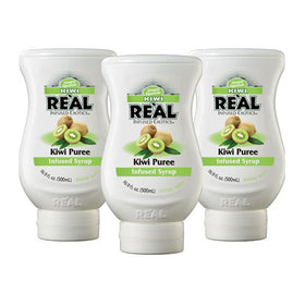 Real Infused Exotics Kiwi puree syrup bottle front highlights premium kiwi flavor for drinks and desserts.