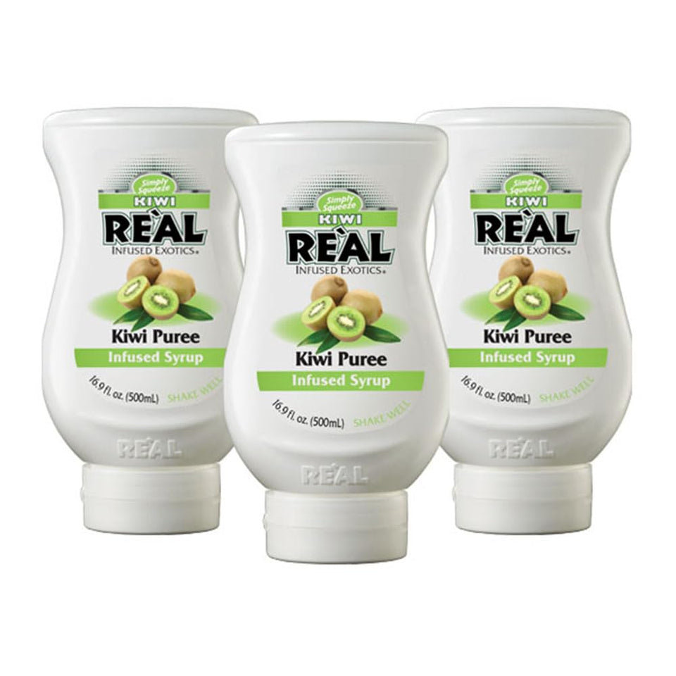 Real Infused Exotics Kiwi puree syrup bottle front highlights premium kiwi flavor for drinks and desserts.
