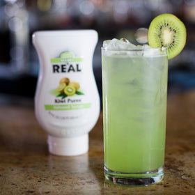 Real Infused Exotics Kiwi puree syrup kiwi imagery highlights natural fruit flavor.