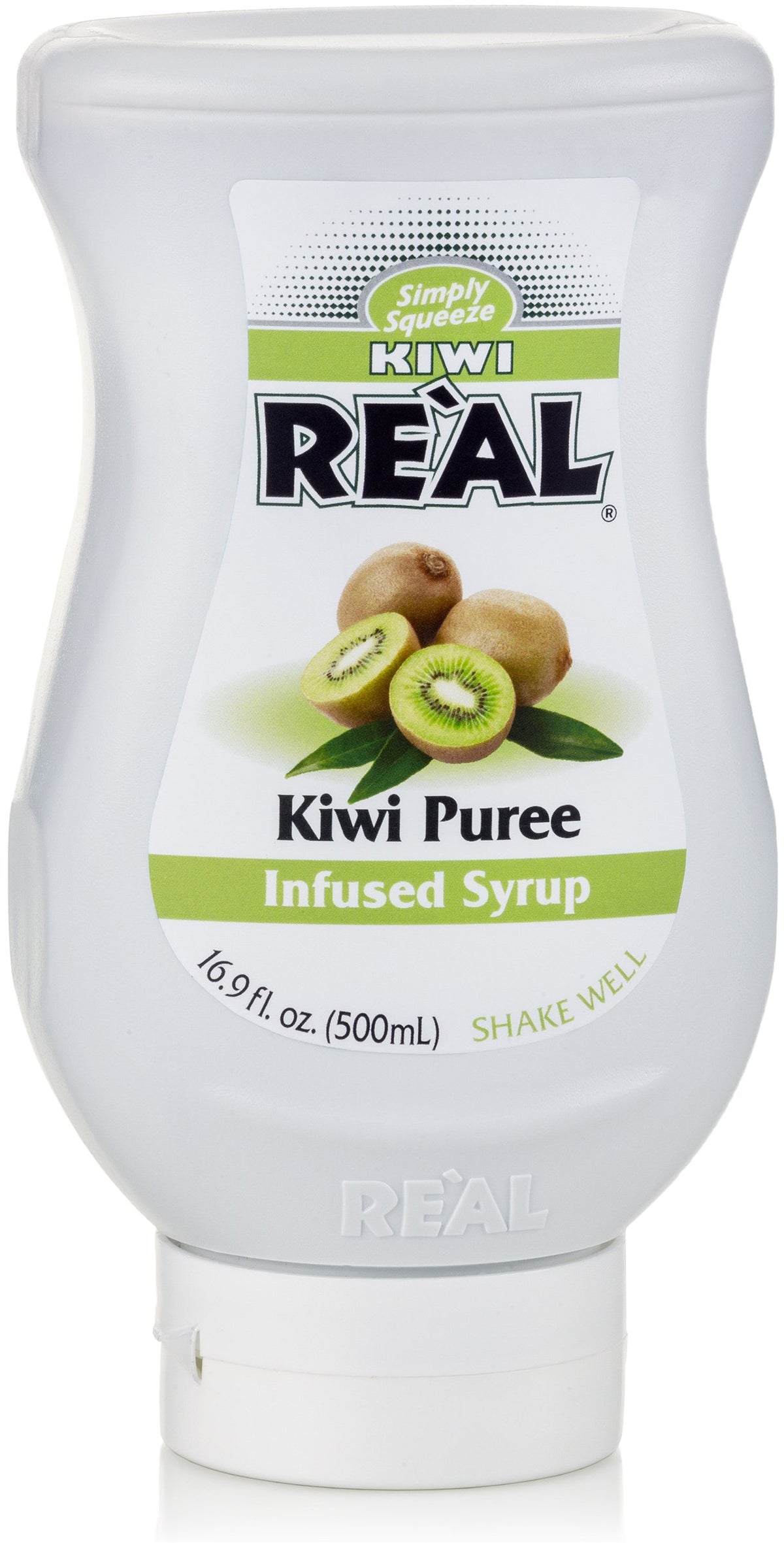 Closeup of Reàl Kiwi Real Syrup bottle with drip-free spout.