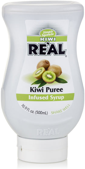 Closeup of Reàl Kiwi Real Syrup bottle with drip-free spout.