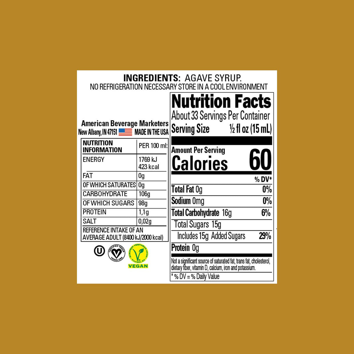 Real Infused Exotics blue agave nectar label close-up, showcasing freshness.
