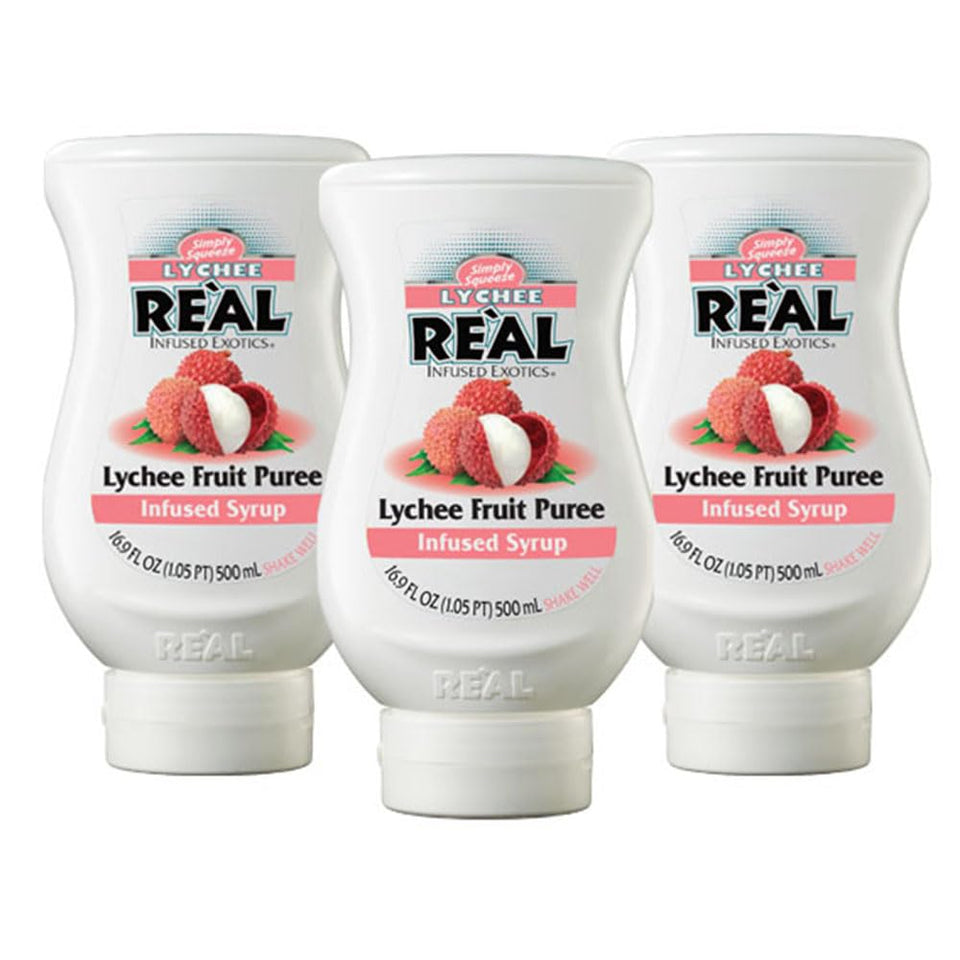 Real Infused Exotics Lychee puree bottle in hand, convenient 3-pack for cocktails