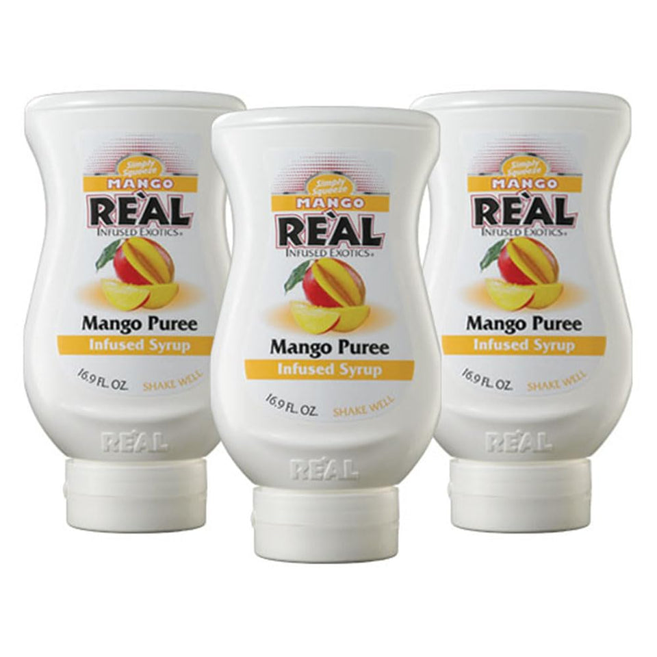 Reàl Infused Exotics mango puree bottle for drinks and desserts.