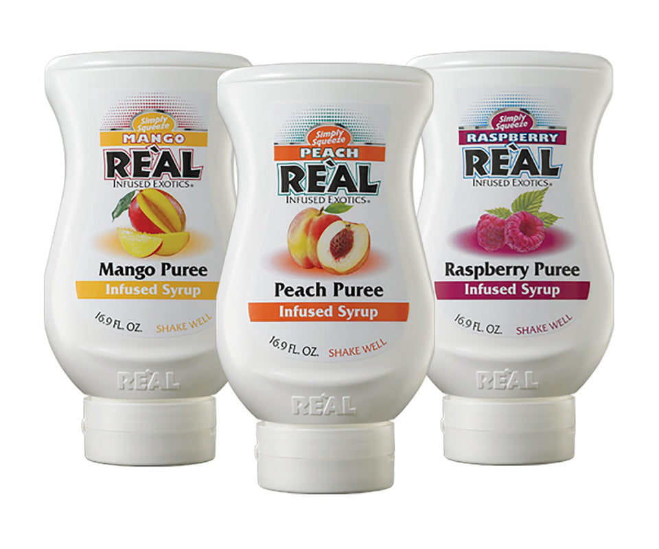 Real Infused Exotics Mango puree syrup bottle, perfect for tea flavoring.