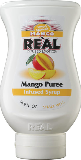 Reàl Infused Exotics Mango Reàl bottle pours mango puree syrup for cocktails.