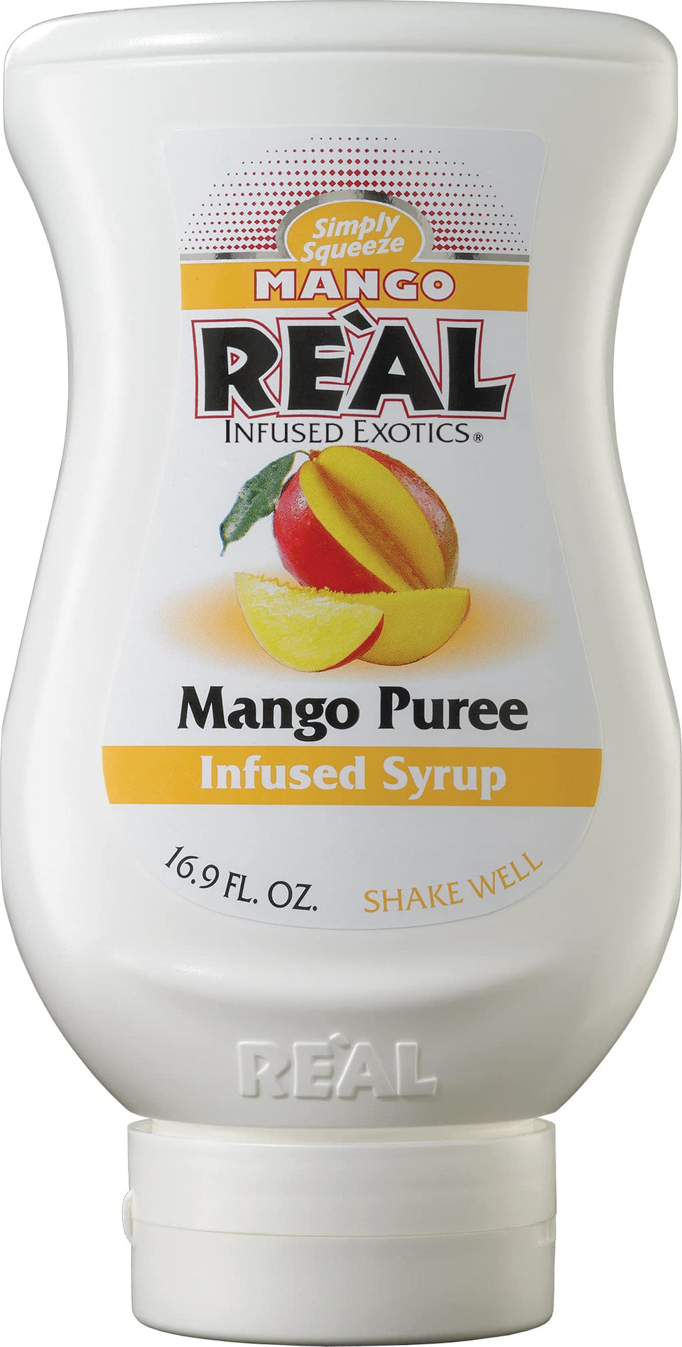 Reàl Infused Exotics Mango Reàl bottle pours mango puree syrup for cocktails.