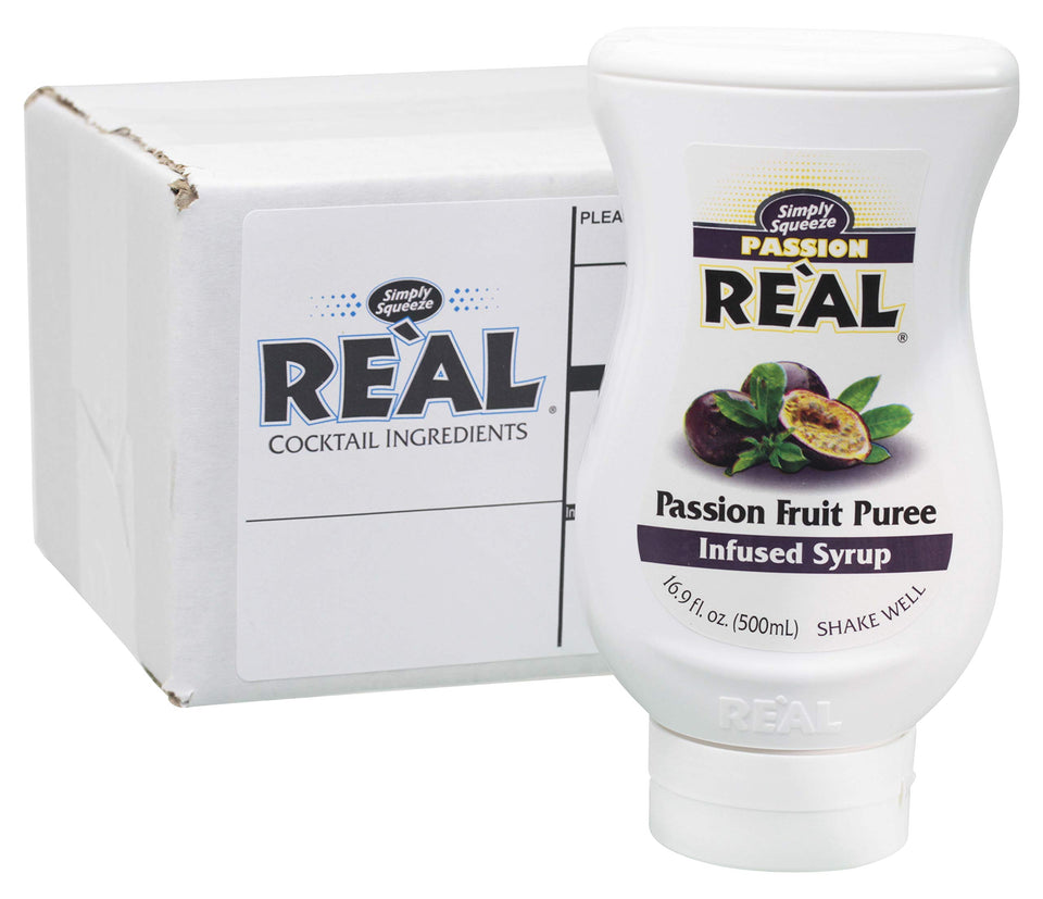 Reàl Infused Exotics Passion Fruit Puree Syrup bottle pour for cocktails and desserts