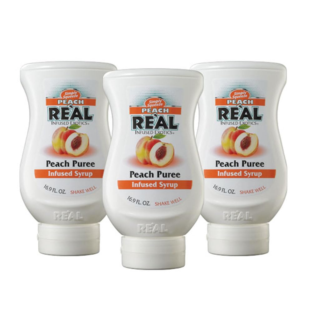 Real Infused Exotics Peach Puree Syrup triple pack on kitchen counter for quick drinks