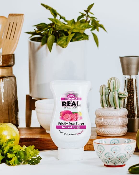 Close-up of Reàl Infused Exotics Prickly Pear Puree label showing fresh ingredients