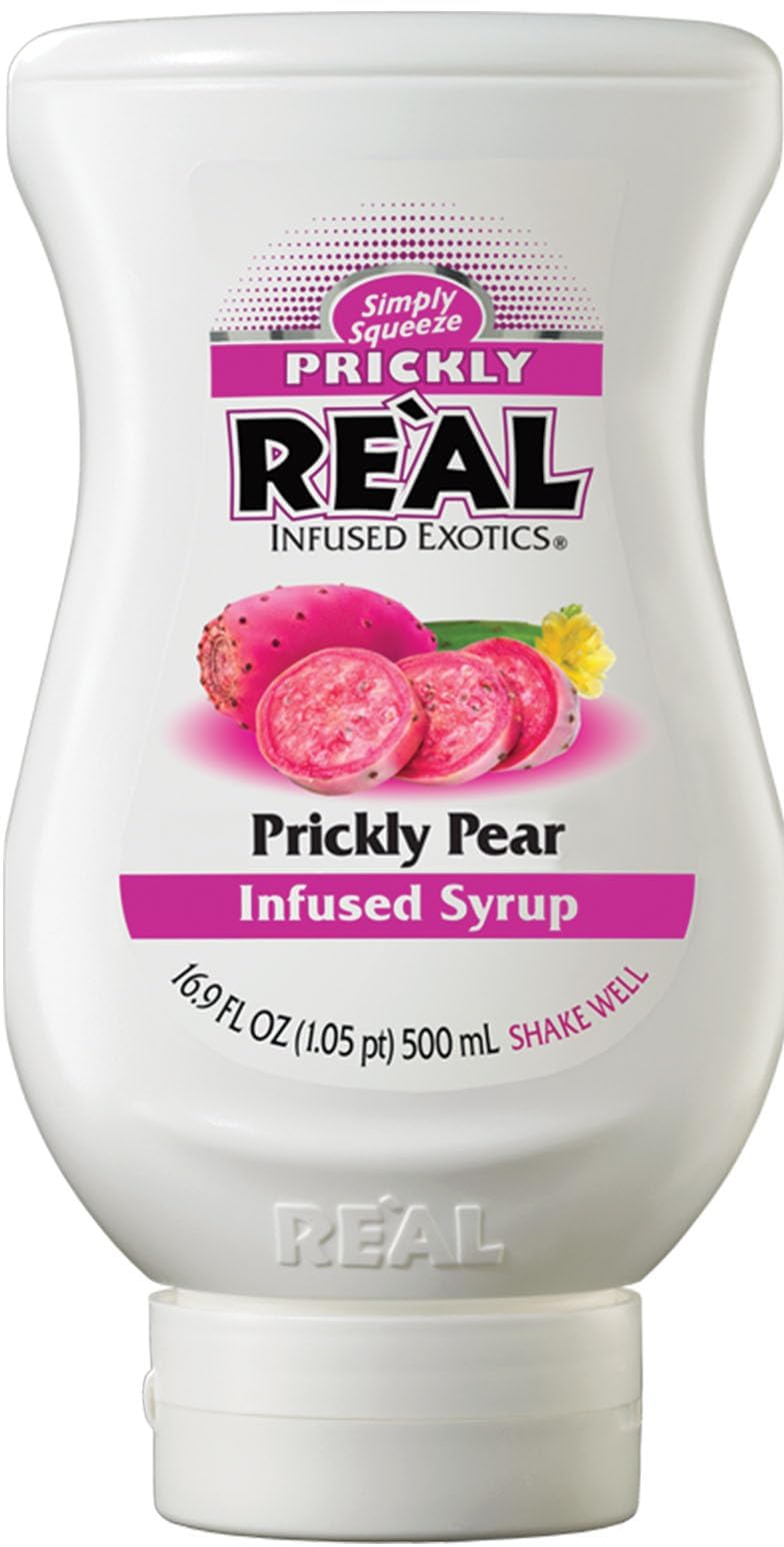 Reàl Infused Exotics Prickly Pear Puree Syrup bottle closeup highlighting premium flavor for cocktails.