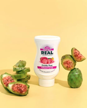 Real Infused Exotics Prickly Pear Syrup on a dessert plate for fruity topping