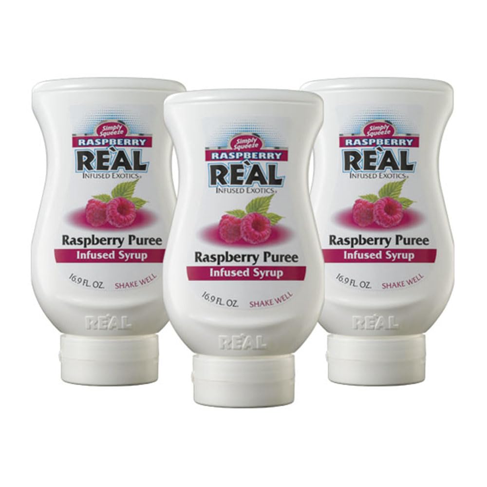 Reàl Infused Exotics Raspberry puree bottle pack shown, ideal for bright cocktails.
