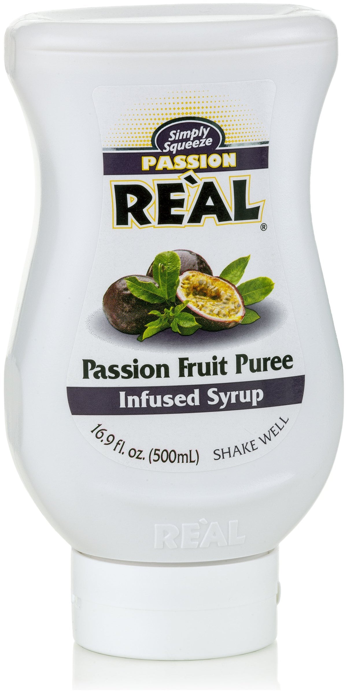 Reàl Infused Exotics bottle with drip-free spout for smooth mixing of passion fruit drinks