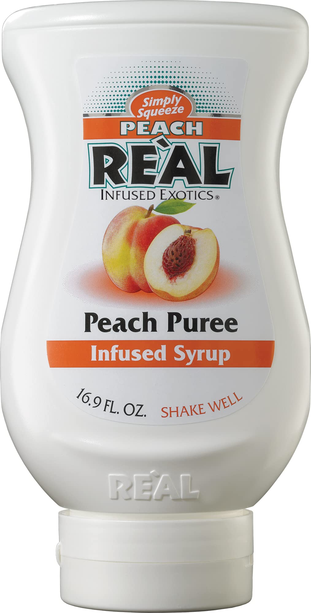 Real Infused Exotics squeezable peach syrup bottle ready for pour