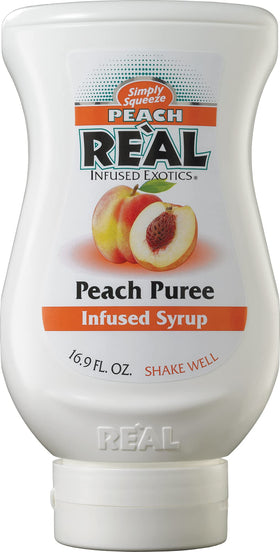 Real Infused Exotics squeezable peach syrup bottle ready for pour
