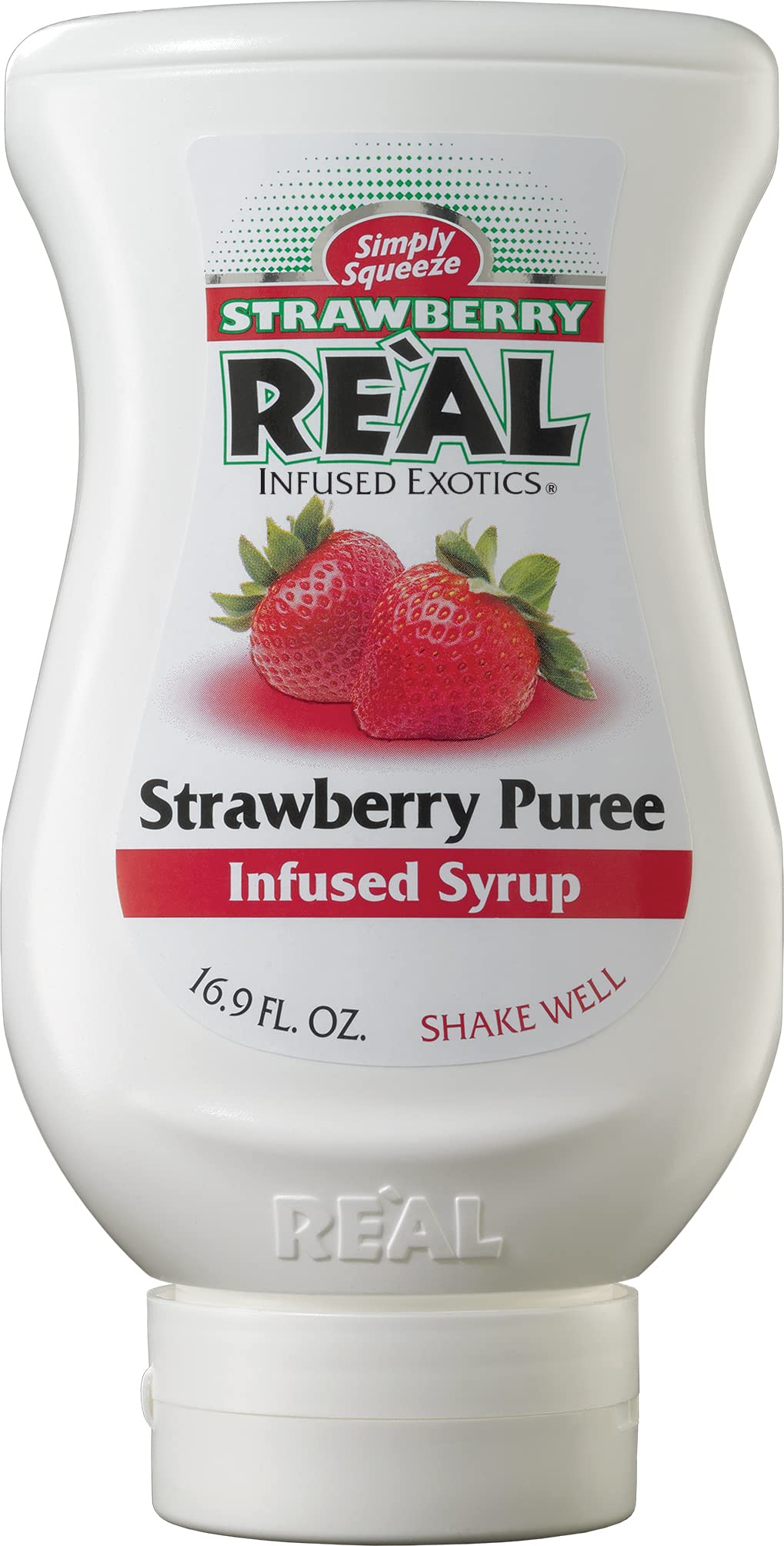 Reàl Infused Exotics strawberry puree bottle in use for Italian sodas.