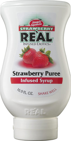 Reàl Infused Exotics strawberry puree bottle in use for Italian sodas.