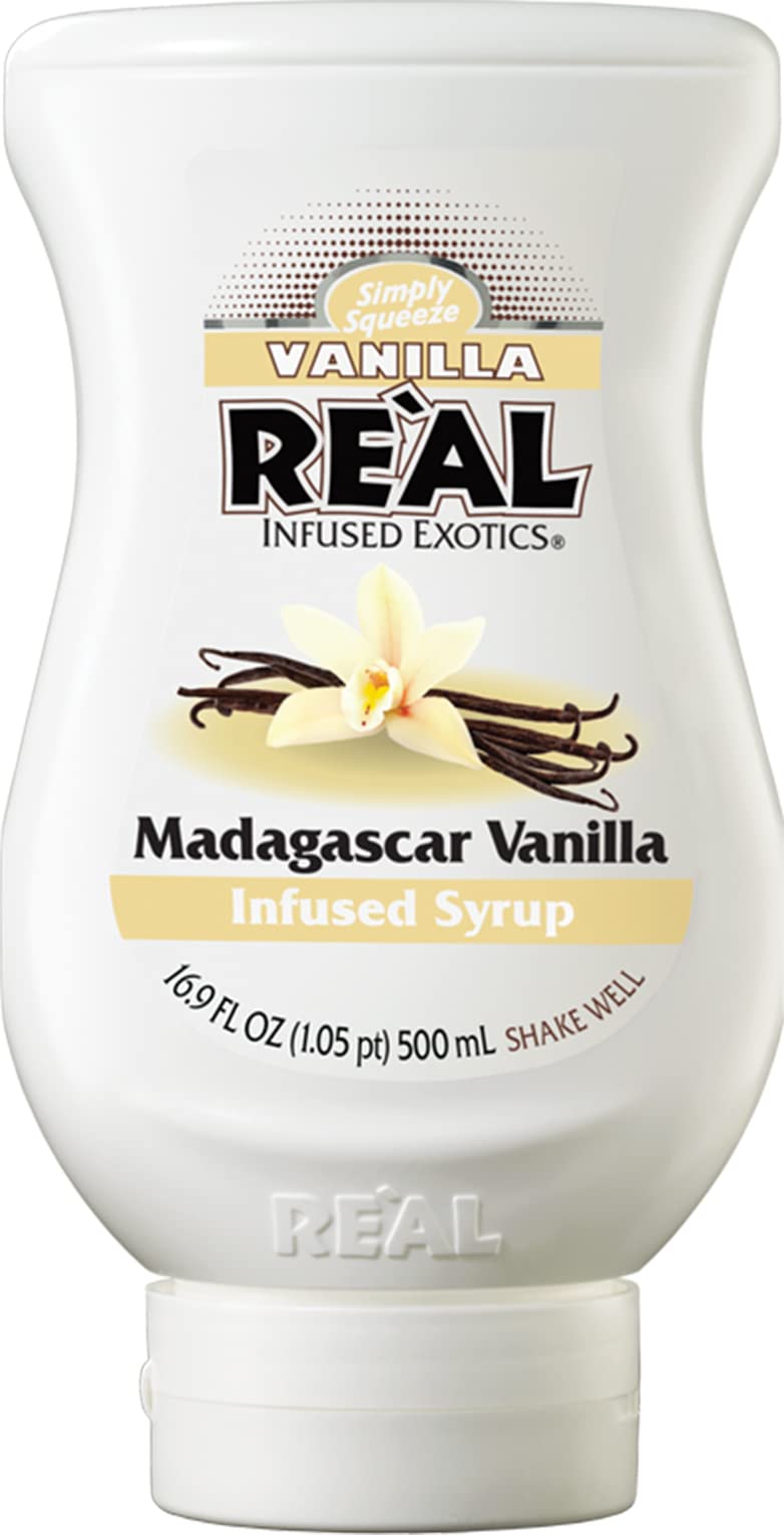Real Infused Exotics Vanilla syrup bottle offers smooth, mess-free flavor for cocktails.
