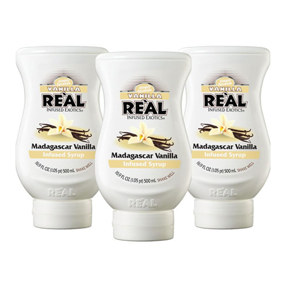 Reàl Infused Exotics Vanilla Syrup bottle showcases Madagascar vanilla for drinks and desserts