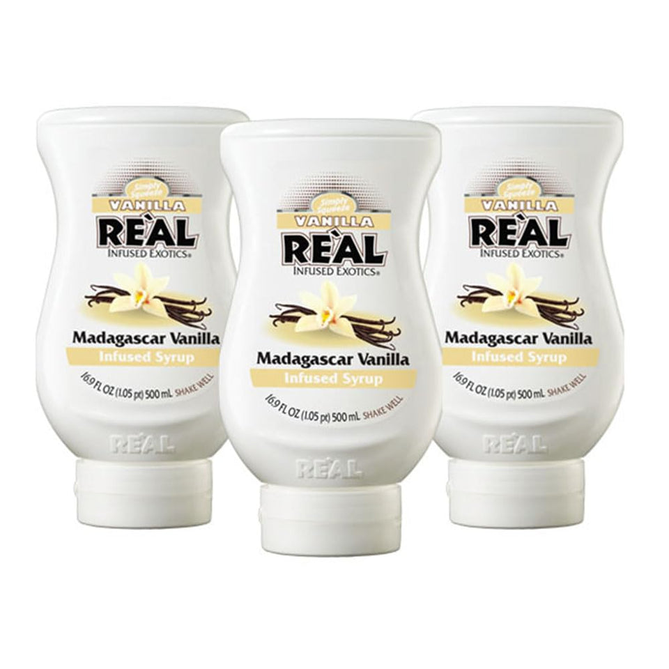 Reàl Infused Exotics Vanilla Syrup bottle showcases Madagascar vanilla for drinks and desserts