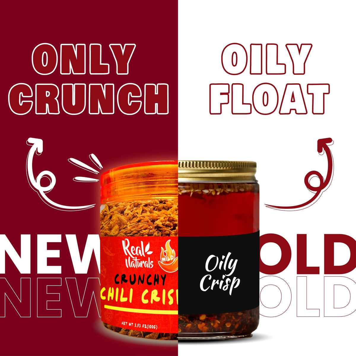 Real Naturals Chili Crisp crunch with garlic and onion pieces close-up highlights savory bits.