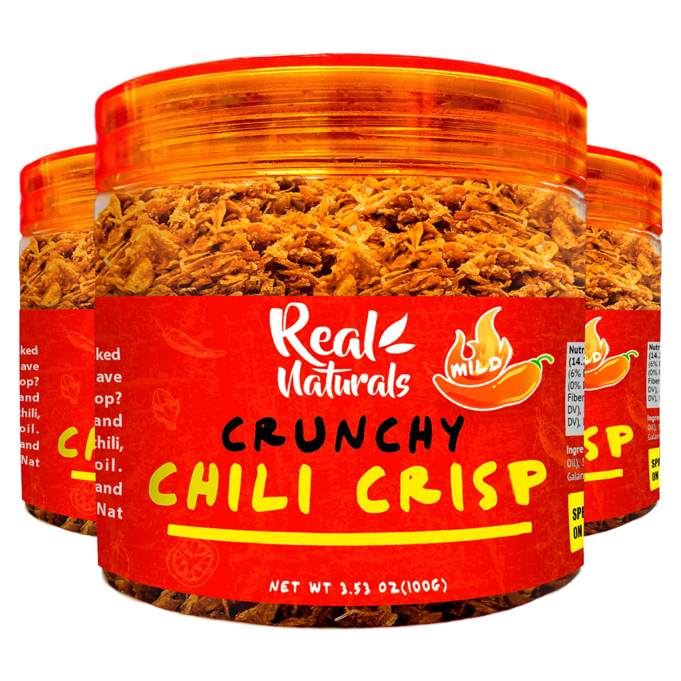 Real Naturals Chili Crisp No-Floating Oil bottle pour adds crisp texture to meals.