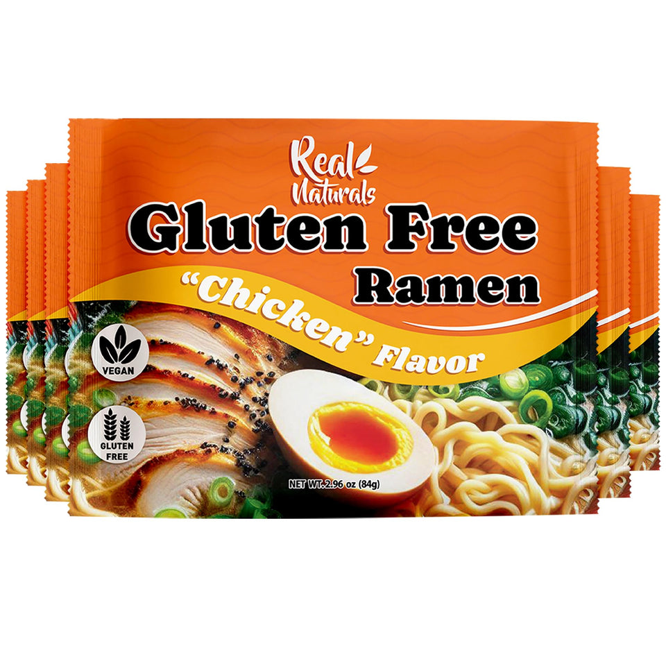 Real Naturals gluten-free ramen chicken 6-pack packaging shows convenient stackable boxes for quick meals.